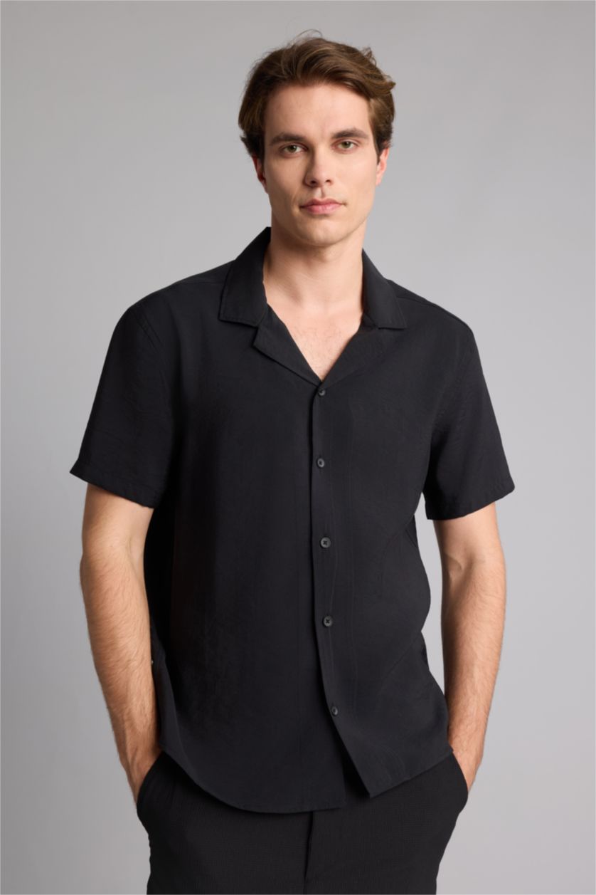 Men Black Modern Fit modal Short Sleeve Shirt