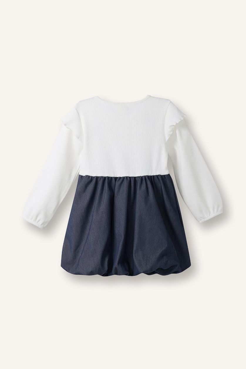 طفلة صغيرة بيج فاتح فستان بناتي مزخرف مضلع بالون فيت برقبة مستديرة