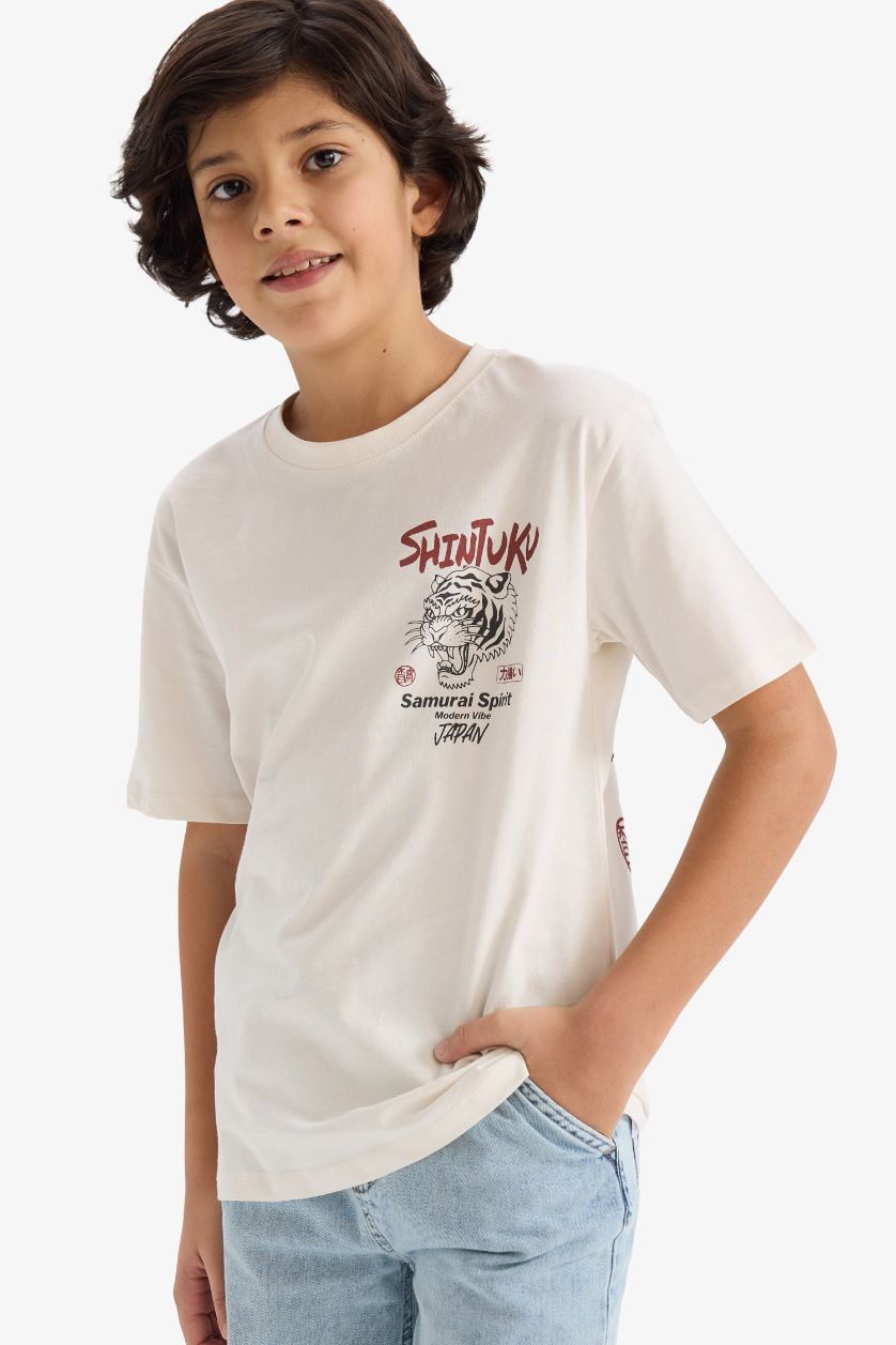 GARÇONS Écru T-shirt manches courtes à col rond imprimé au dos pour garçon