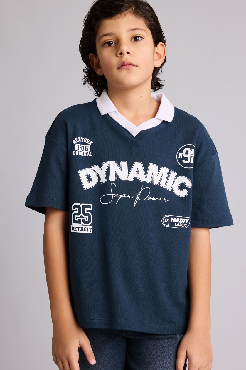 Erkek Çocuk - Genç Erkek Lacivert Oversıze Apaş Yaka Slogan Baskılı Kısa Kollu Polo Tişört Erkek Çocuk