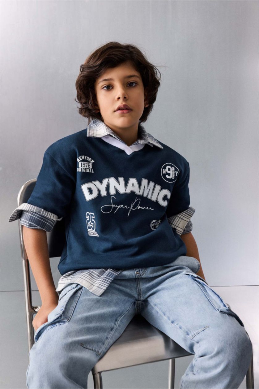Erkek Çocuk - Genç Erkek Lacivert Oversıze Baskılı Polo Tişört Erkek Çocuk