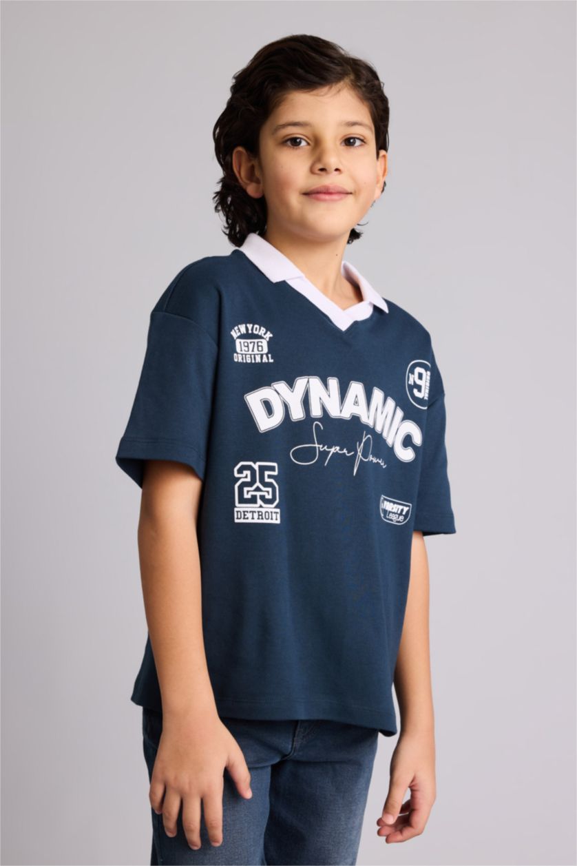 Erkek Çocuk - Genç Erkek Lacivert Oversıze Apaş Yaka Slogan Baskılı Kısa Kollu Polo Tişört Erkek Çocuk