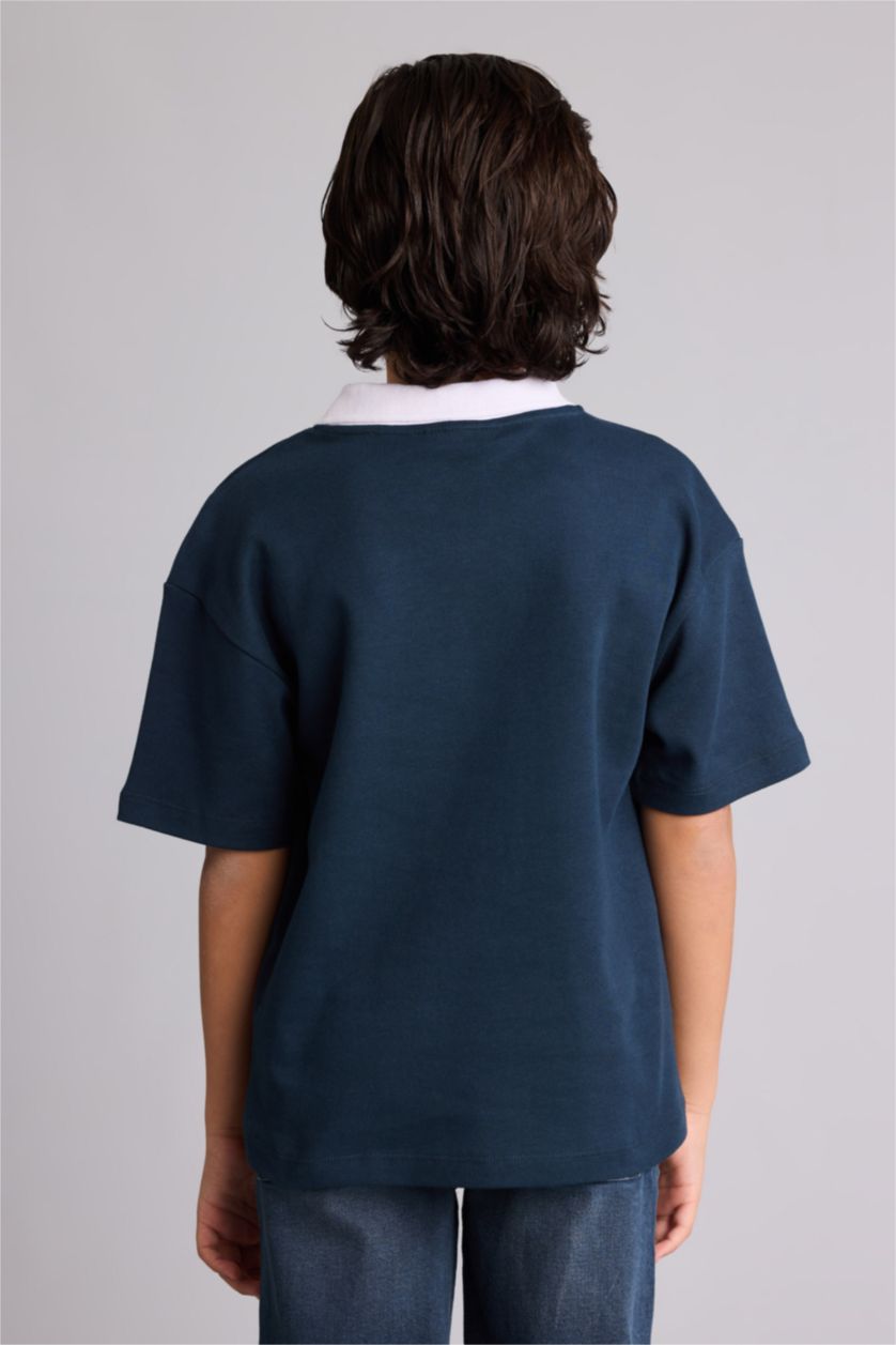 Erkek Çocuk - Genç Erkek Lacivert Oversıze Apaş Yaka Slogan Baskılı Kısa Kollu Polo Tişört Erkek Çocuk