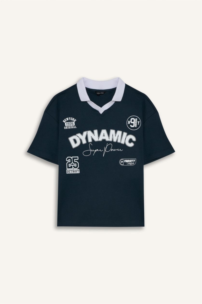 Erkek Çocuk - Genç Erkek Lacivert Oversıze Baskılı Polo Tişört Erkek Çocuk