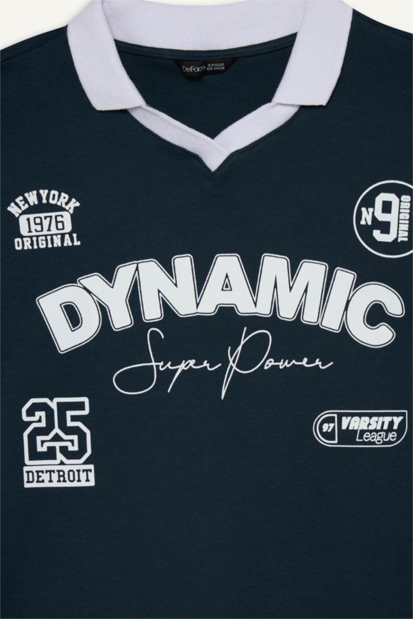 Erkek Çocuk - Genç Erkek Lacivert Oversıze Apaş Yaka Slogan Baskılı Kısa Kollu Polo Tişört Erkek Çocuk