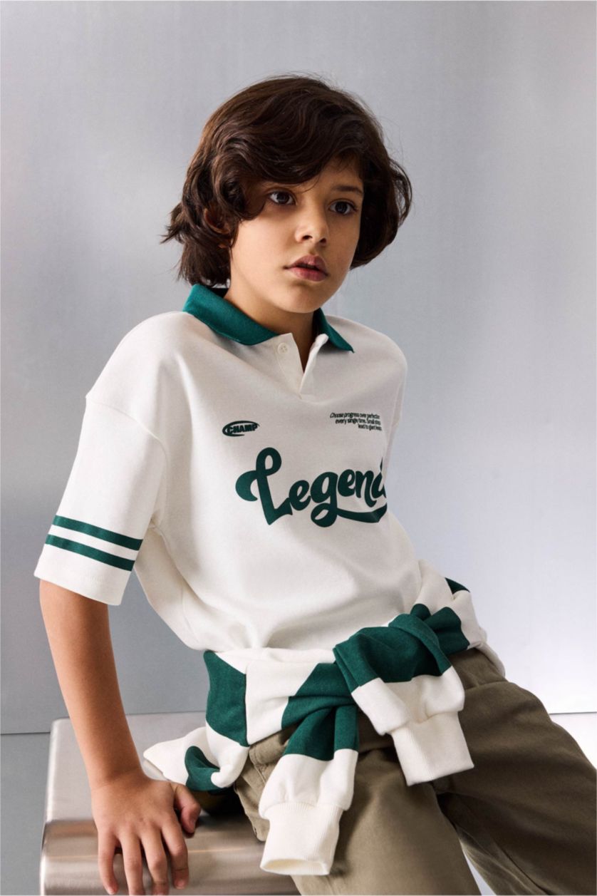 BOYS & TEENS Ecru Oversize Fit Slogan Short Sleeve Polo T-Shirt