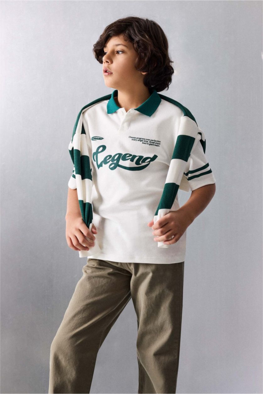 BOYS & TEENS Ecru Oversize Fit Slogan Short Sleeve Polo T-Shirt