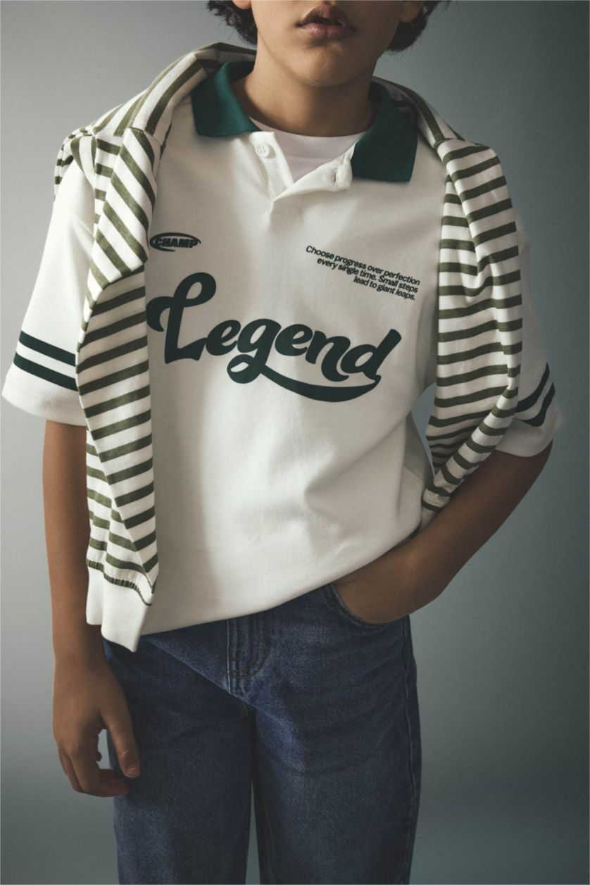 Erkek Çocuk - Genç Erkek Ekru Oversıze Polo Yaka Slogan Baskılı Kısa Kollu Polo Tişört Erkek Çocuk