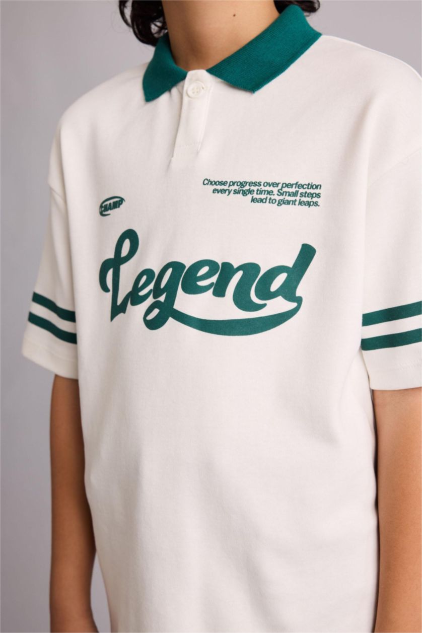 Erkek Çocuk - Genç Erkek Ekru Oversıze Polo Yaka Slogan Baskılı Kısa Kollu Polo Tişört Erkek Çocuk