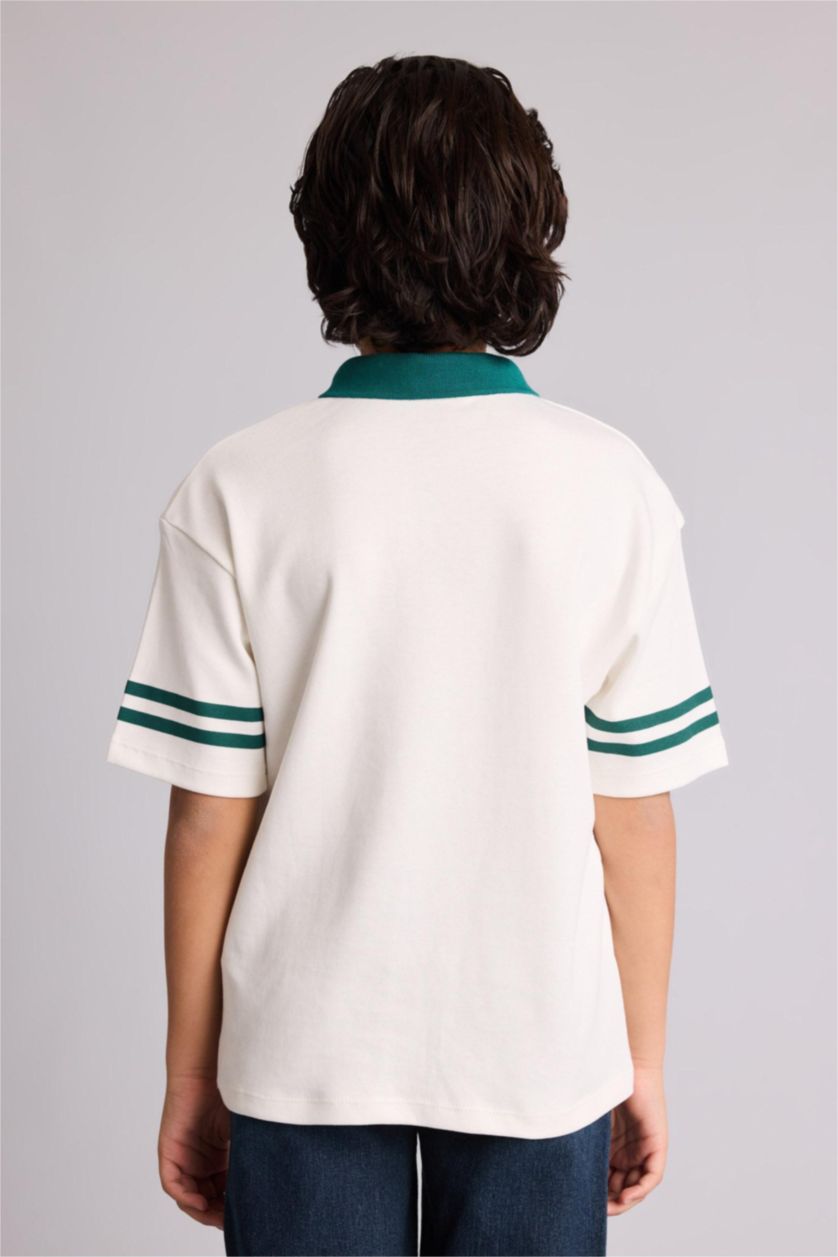 Erkek Çocuk - Genç Erkek Ekru Oversıze Polo Yaka Slogan Baskılı Kısa Kollu Polo Tişört Erkek Çocuk