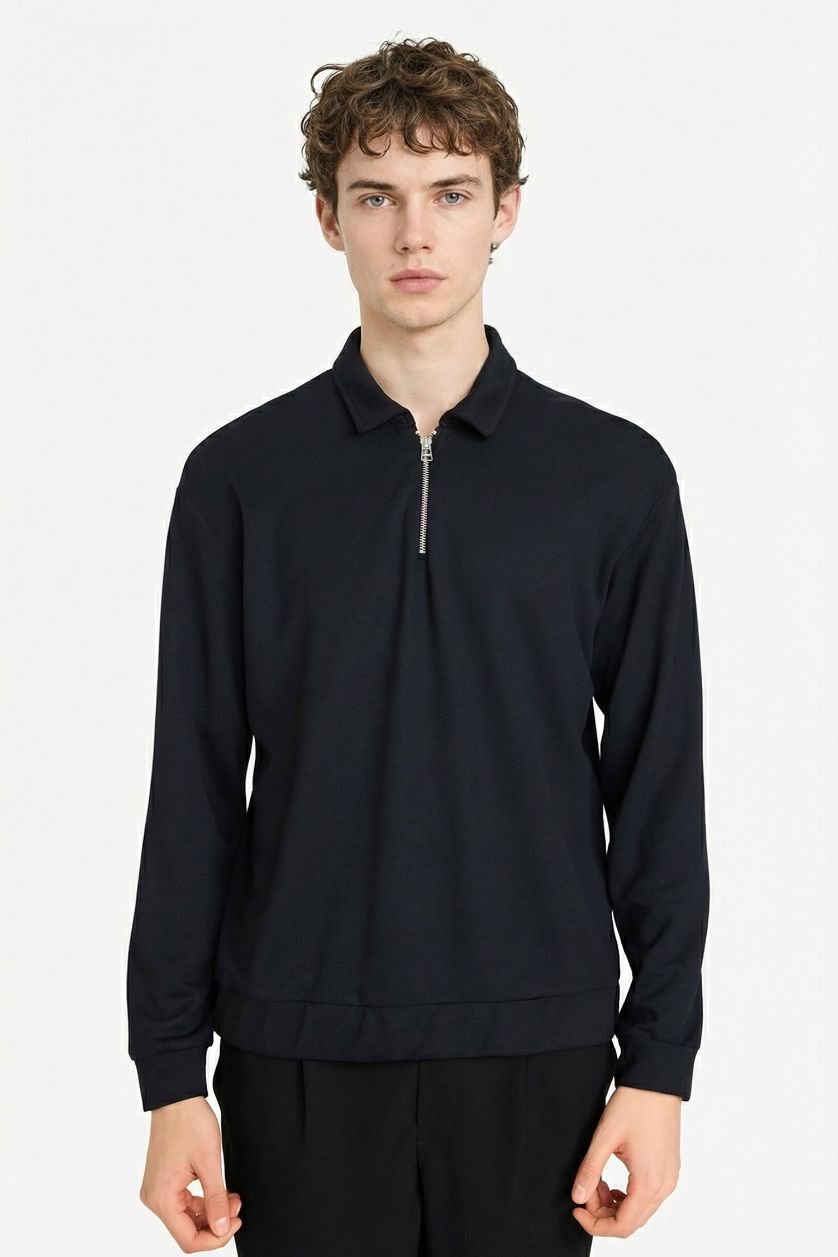 Erkek Siyah Regular Fit Fermuarlı Sweatshirt