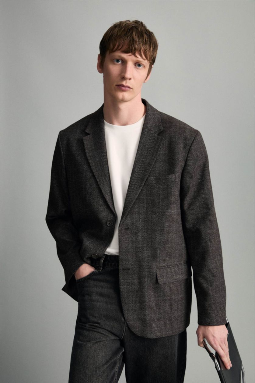 Erkek Antrasit Regular Fıt Astarlı Blazer Ceket