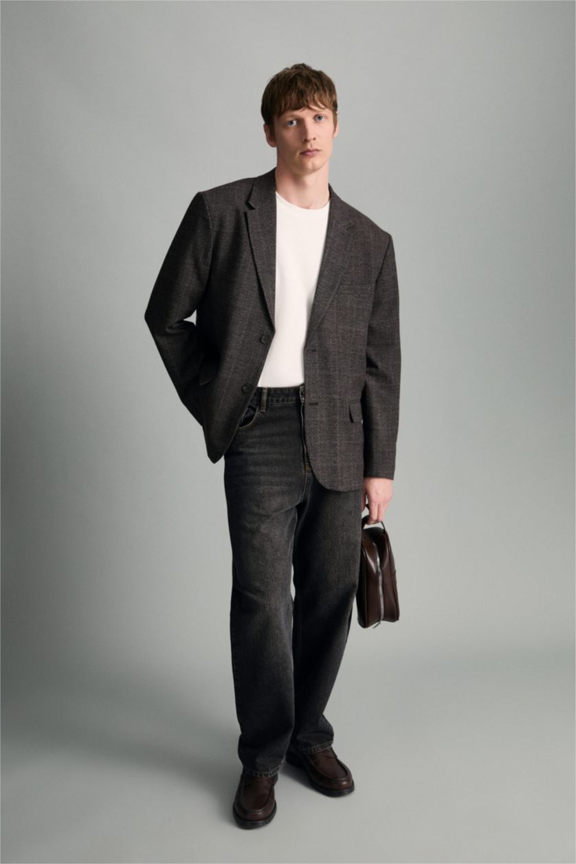 Erkek Antrasit Regular Fıt Astarlı Blazer Ceket