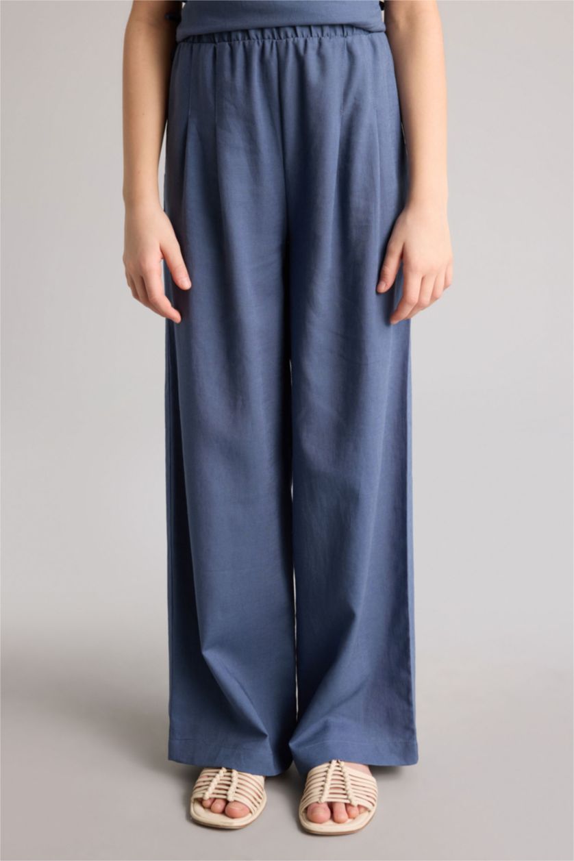 بناتي نيلي بنطلون بناتي وايد ليج من مزيج الكتان