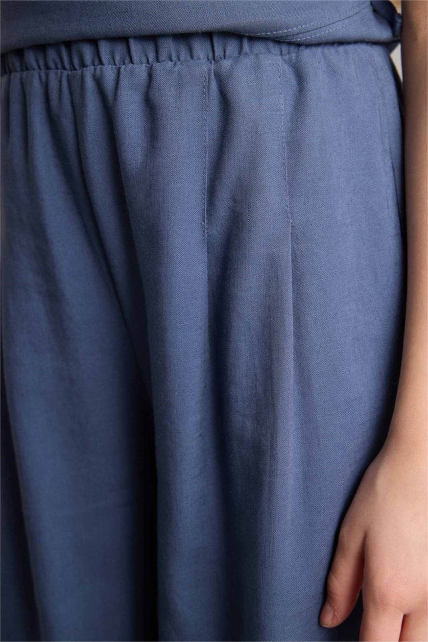 بناتي نيلي بنطلون بناتي وايد ليج من مزيج الكتان