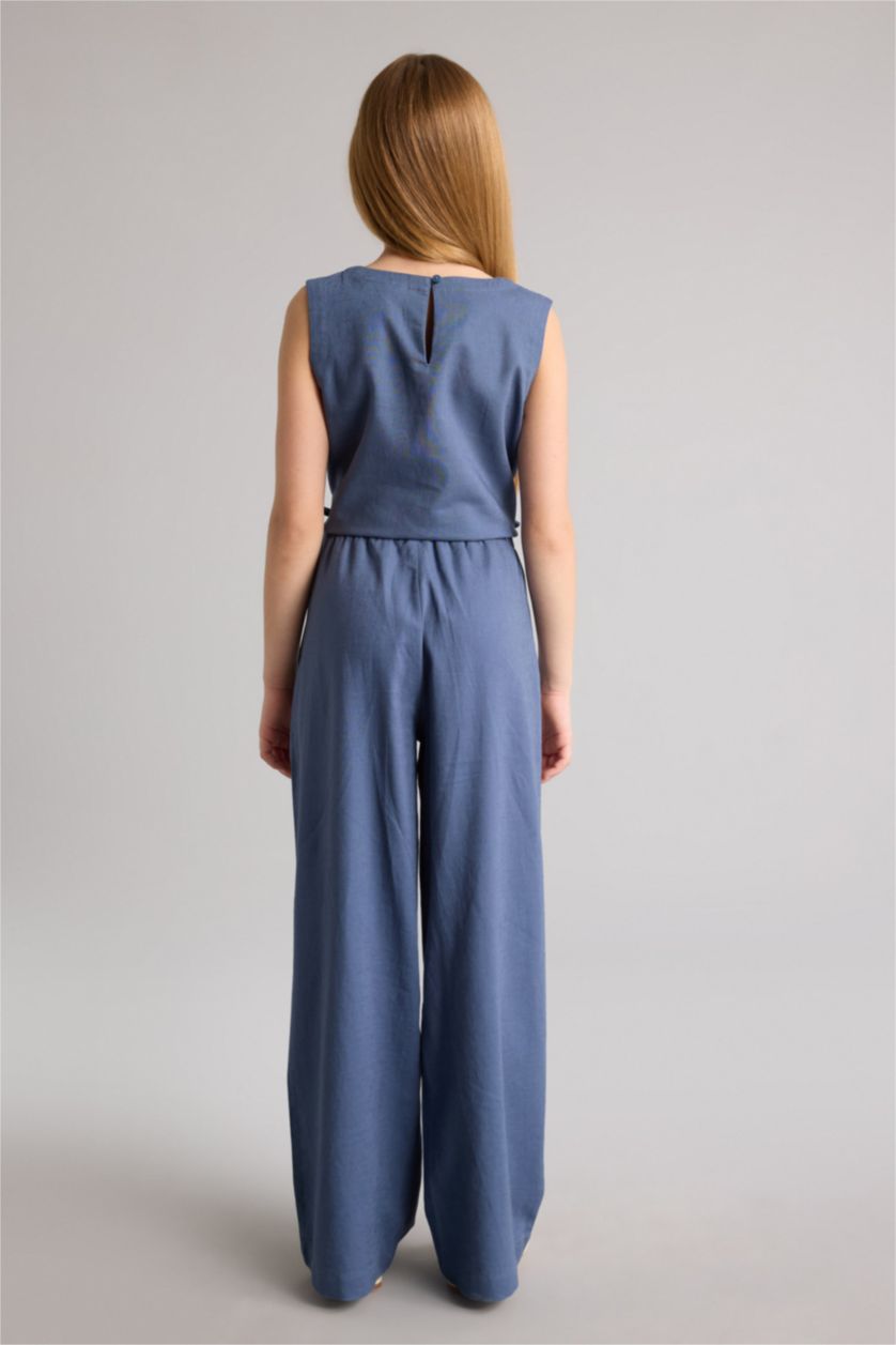 بناتي نيلي بنطلون بناتي وايد ليج من مزيج الكتان