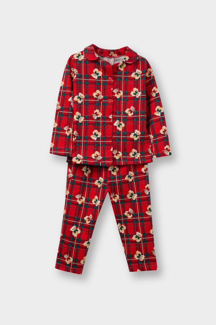 Baby Girl Light Red Girl Checked Teddy Bear Top Bottom 2 Piece Pajama Set