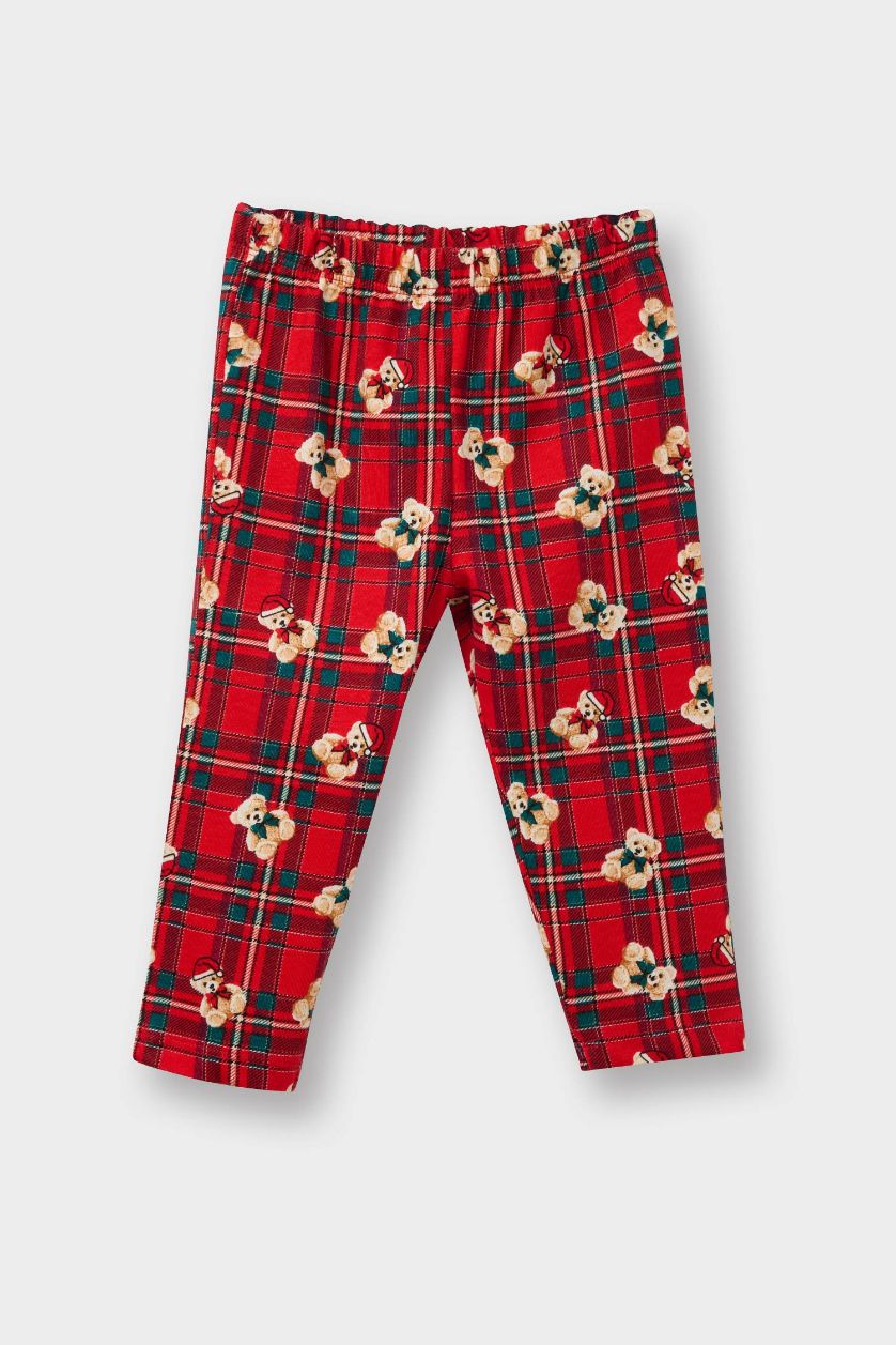 Baby Girl Light Red Girl Checked Teddy Bear Top Bottom 2 Piece Pajama Set