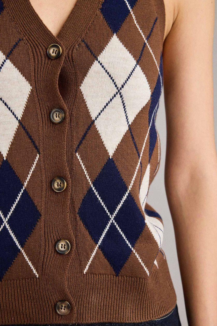 Kadın Kahve Slim Fit Dar Kesim Halter Yaka Baklava Desenli Yelek