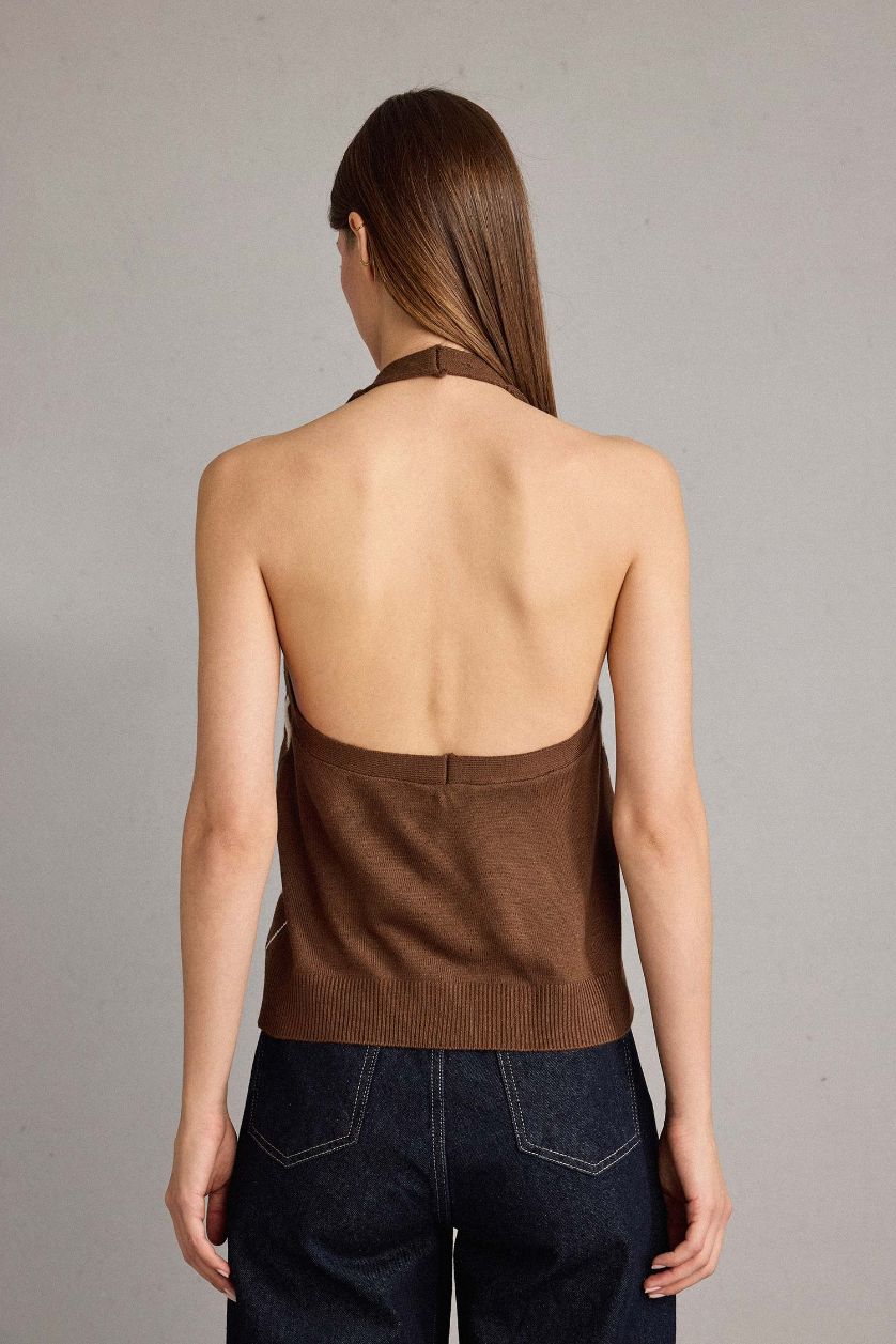 Kadın Kahve Slim Fit Dar Kesim Halter Yaka Baklava Desenli Yelek