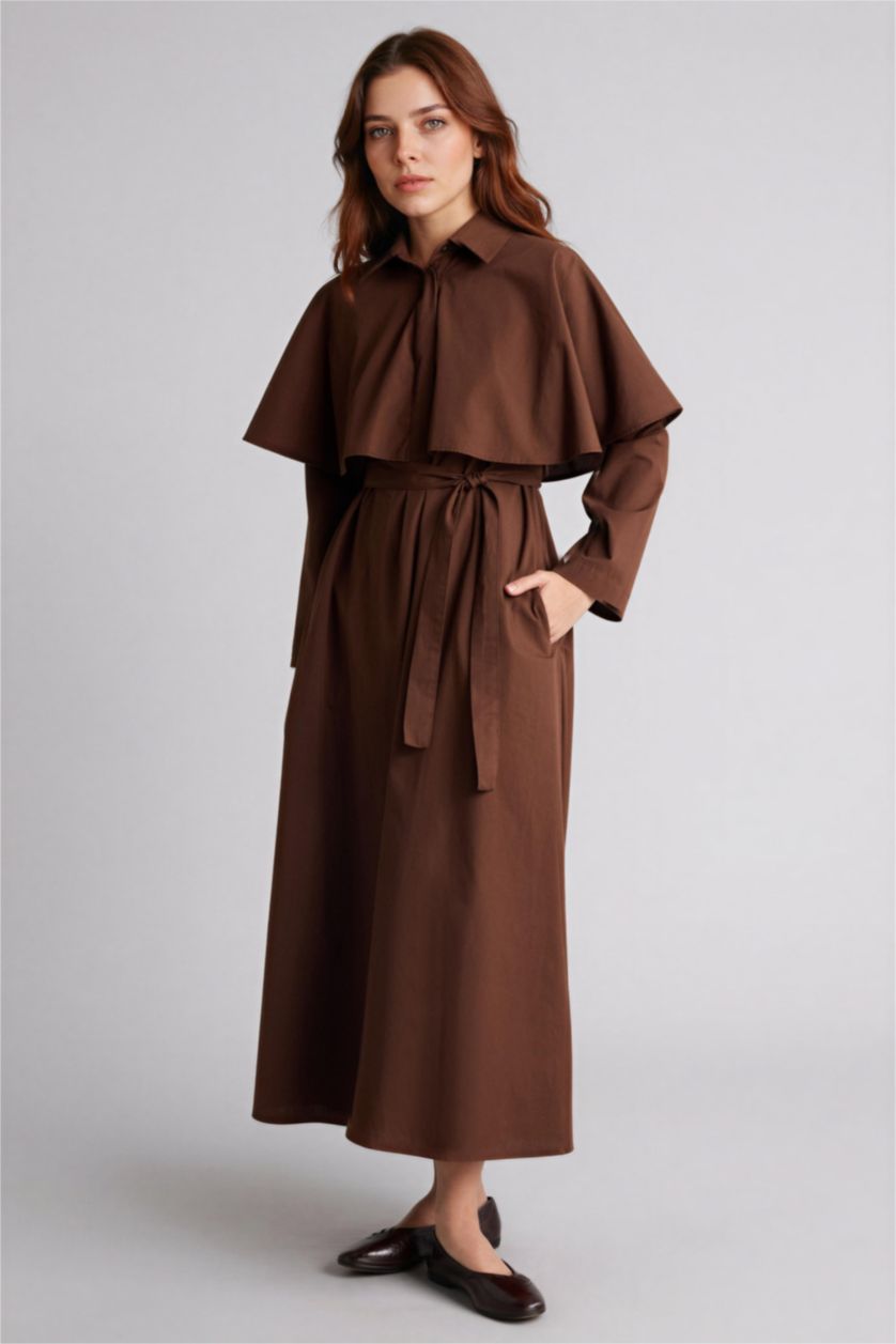 Woman Brown Regular Fit Shirt Collar Poplin Dress