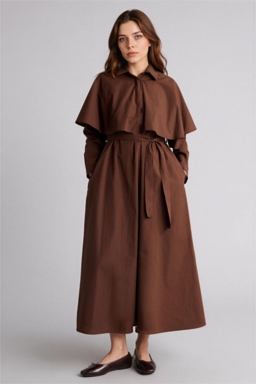 Woman Brown Regular Fit Shirt Collar Poplin Dress