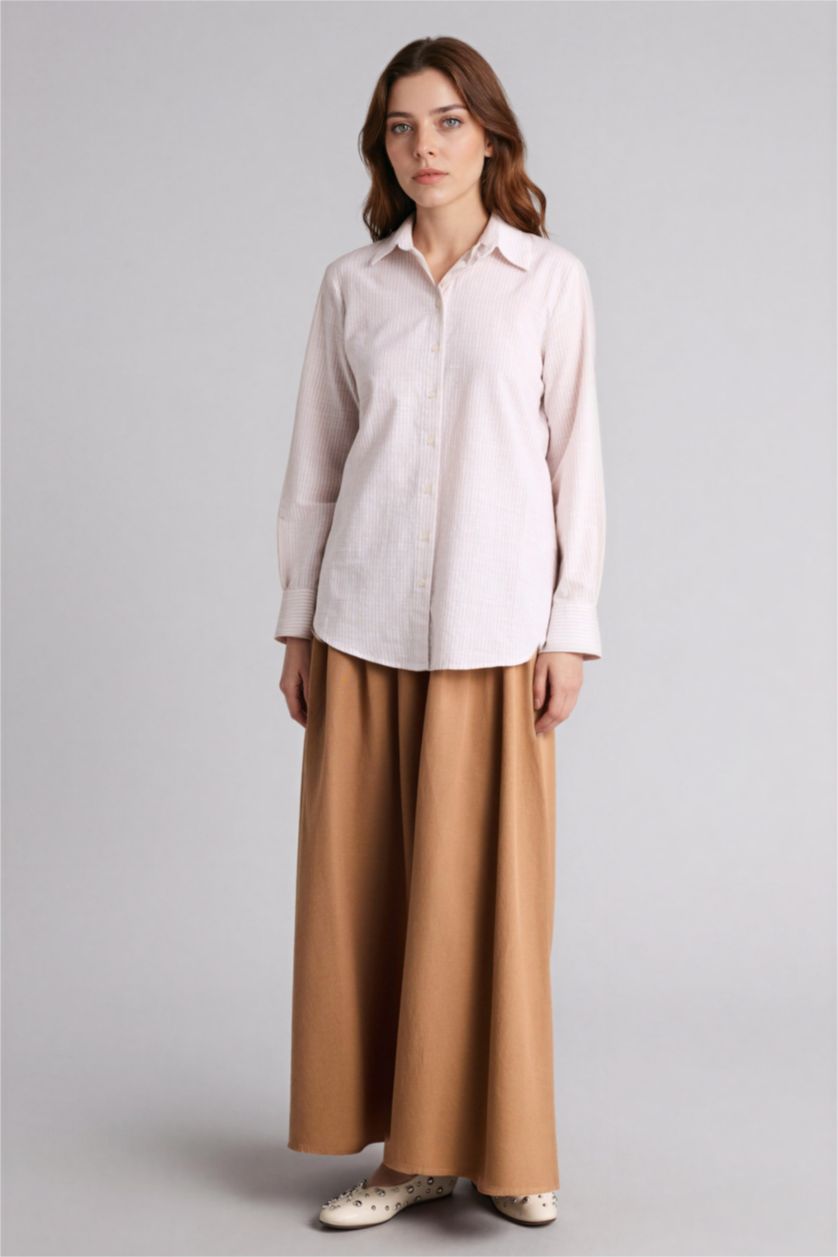Woman Camel A Cut Linen Blended Maxi Skirt