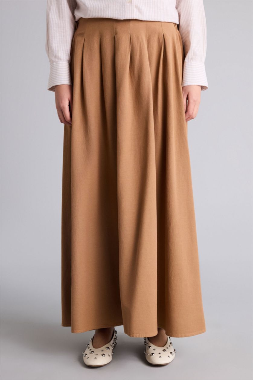 Woman Camel A Cut Linen Blended Maxi Skirt