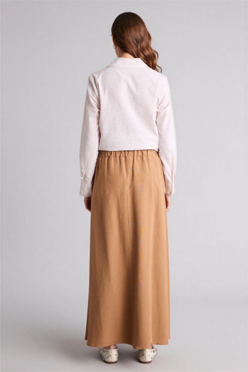 Woman Camel A Cut Linen Blended Maxi Skirt