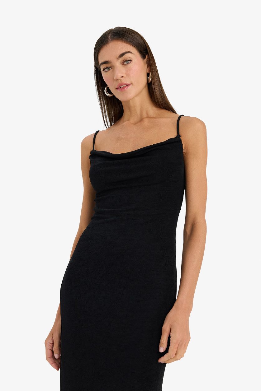 نساء أسود فستان ميدي قماش لامع بحمالات