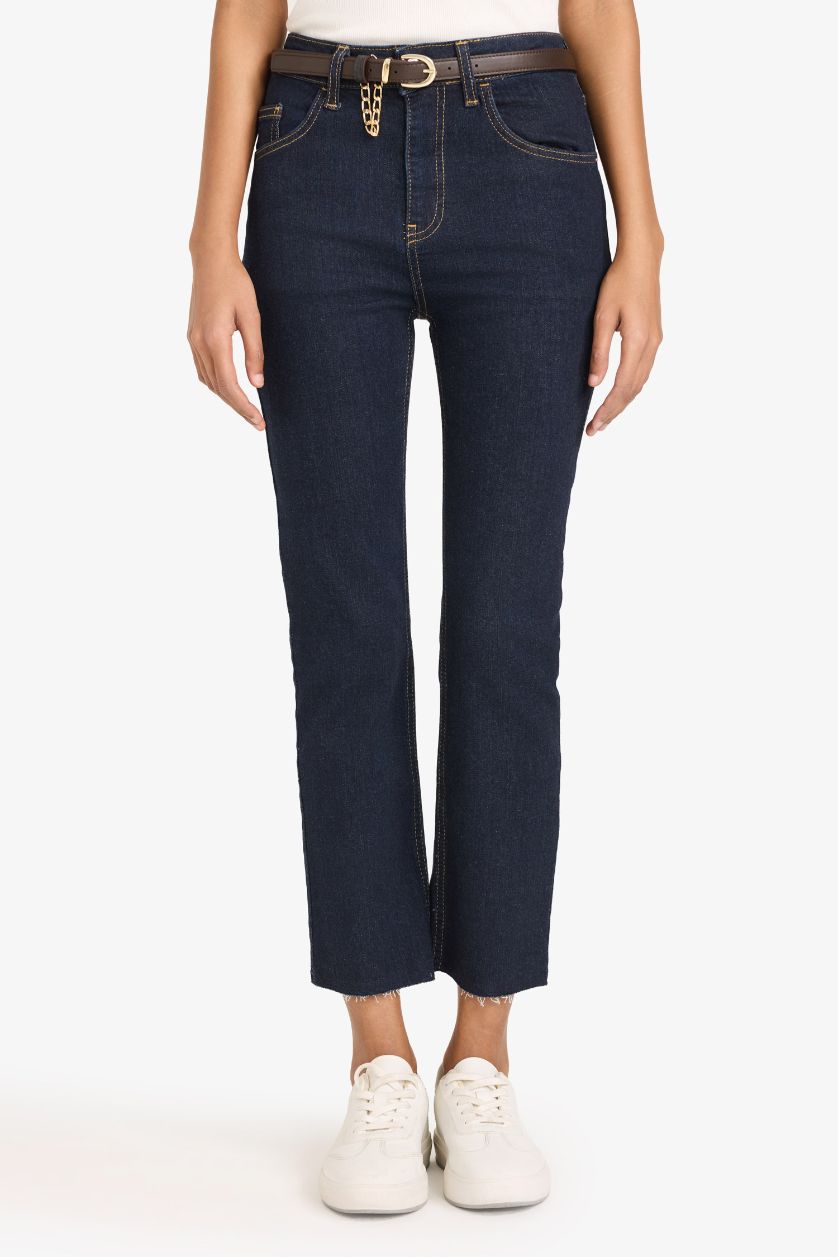 Kadın Mavi Siyah Crop Flare Fıt Yüksek Bel Bilek Boy Jean Pantolon