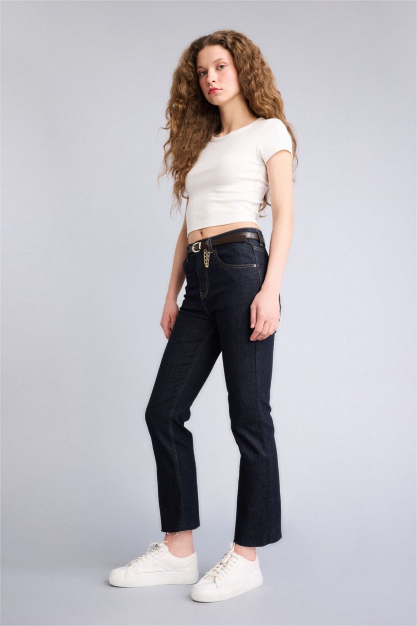 Kadın Mavi Siyah Crop Flare Fıt Yüksek Bel Jean Pantolon