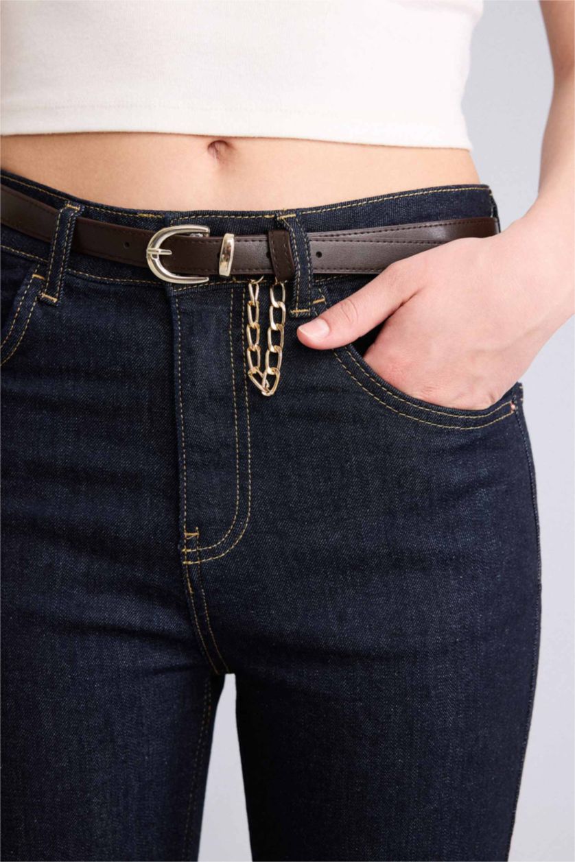 Kadın Mavi Siyah Crop Flare Fıt Yüksek Bel Jean Pantolon