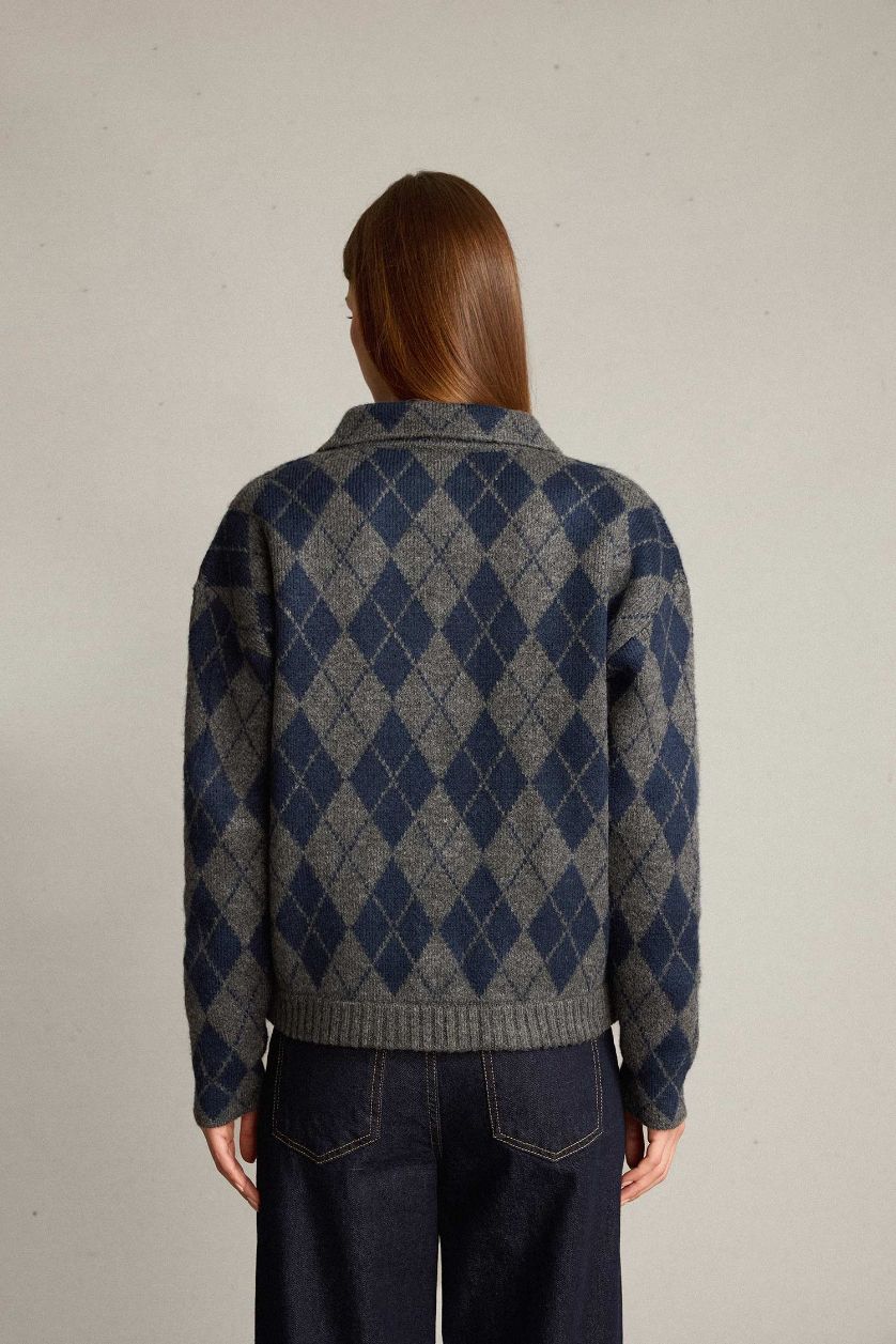 Kadın Siyah Fitted Baklava Desenli Fermuarlı Hırka