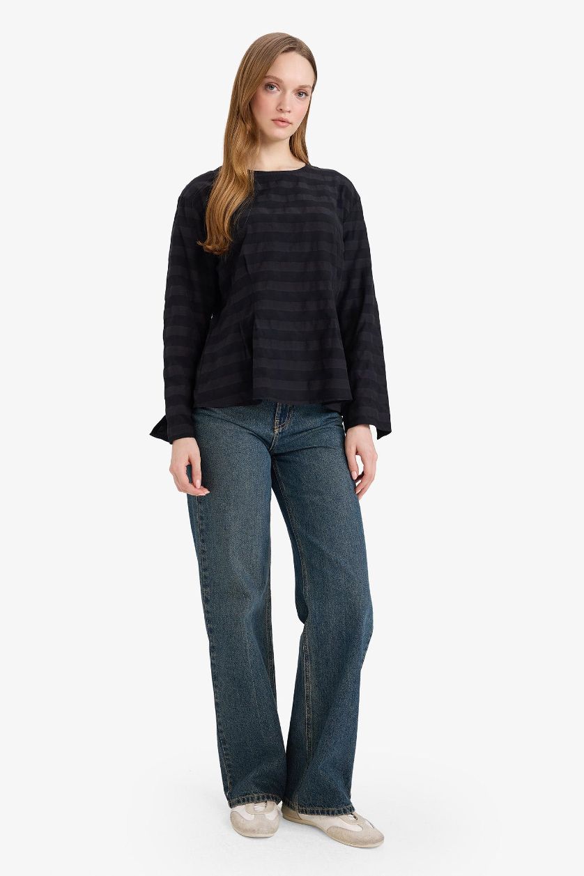 نساء أسود بلوزة ردن طويل قصة عادية بياخة مستديرة