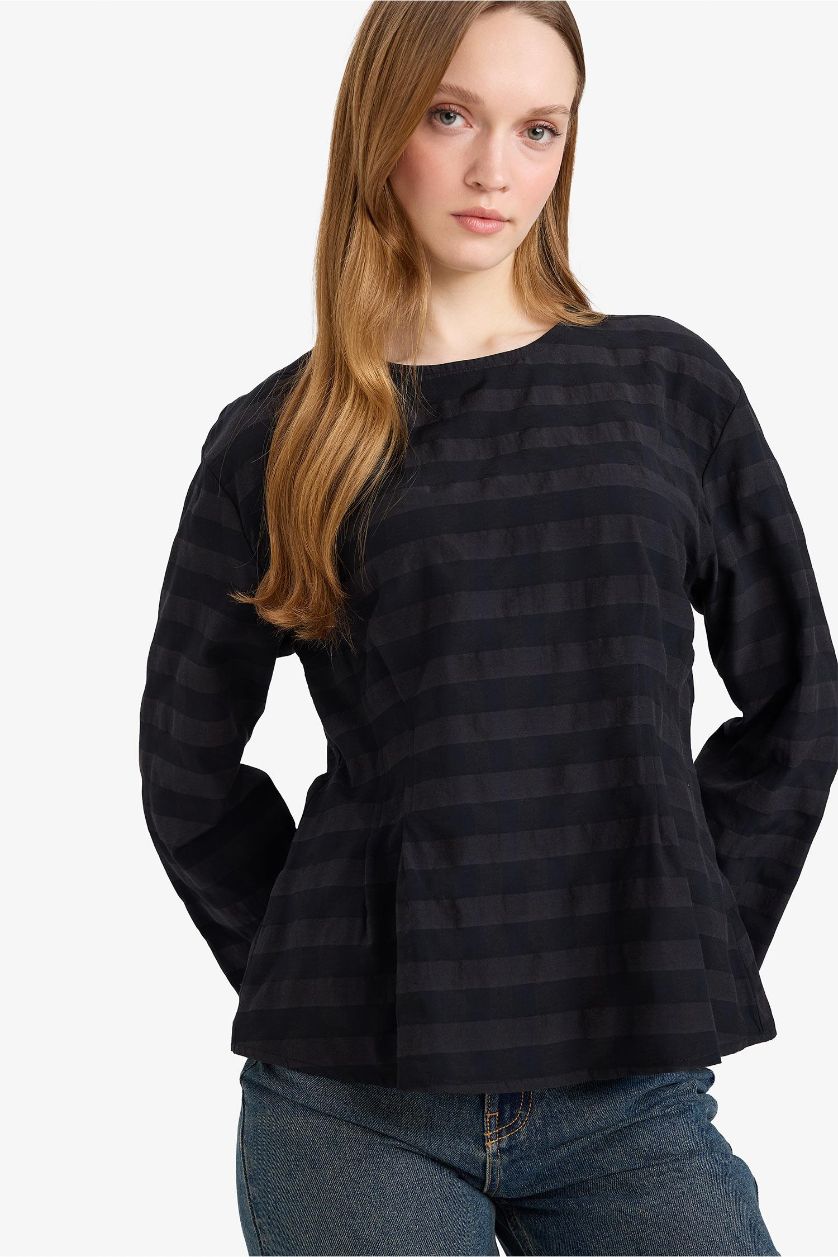 نساء أسود بلوزة ردن طويل قصة عادية بياخة مستديرة