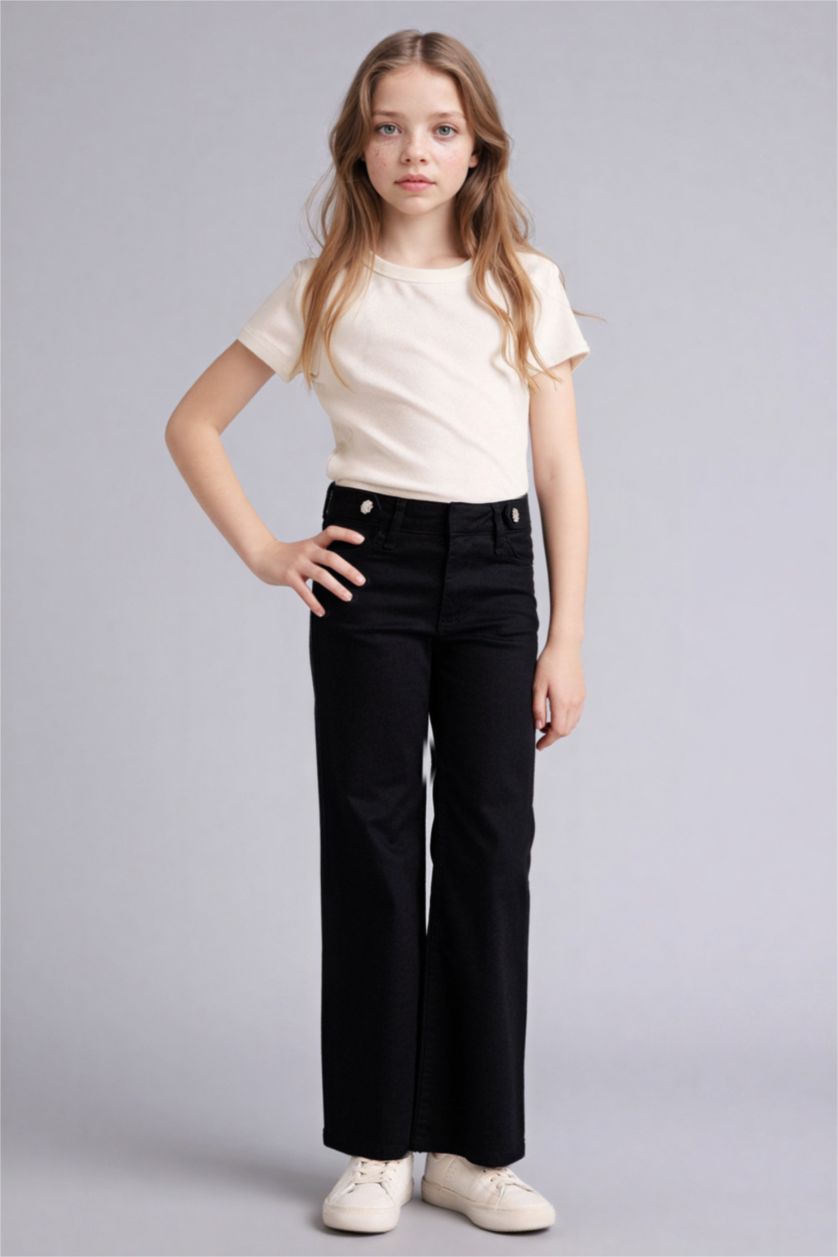 Kız Çocuk - Genç Kız Siyah Flare Fıt İspanyol Paça Gabardin Pantolon Kız Çocuk