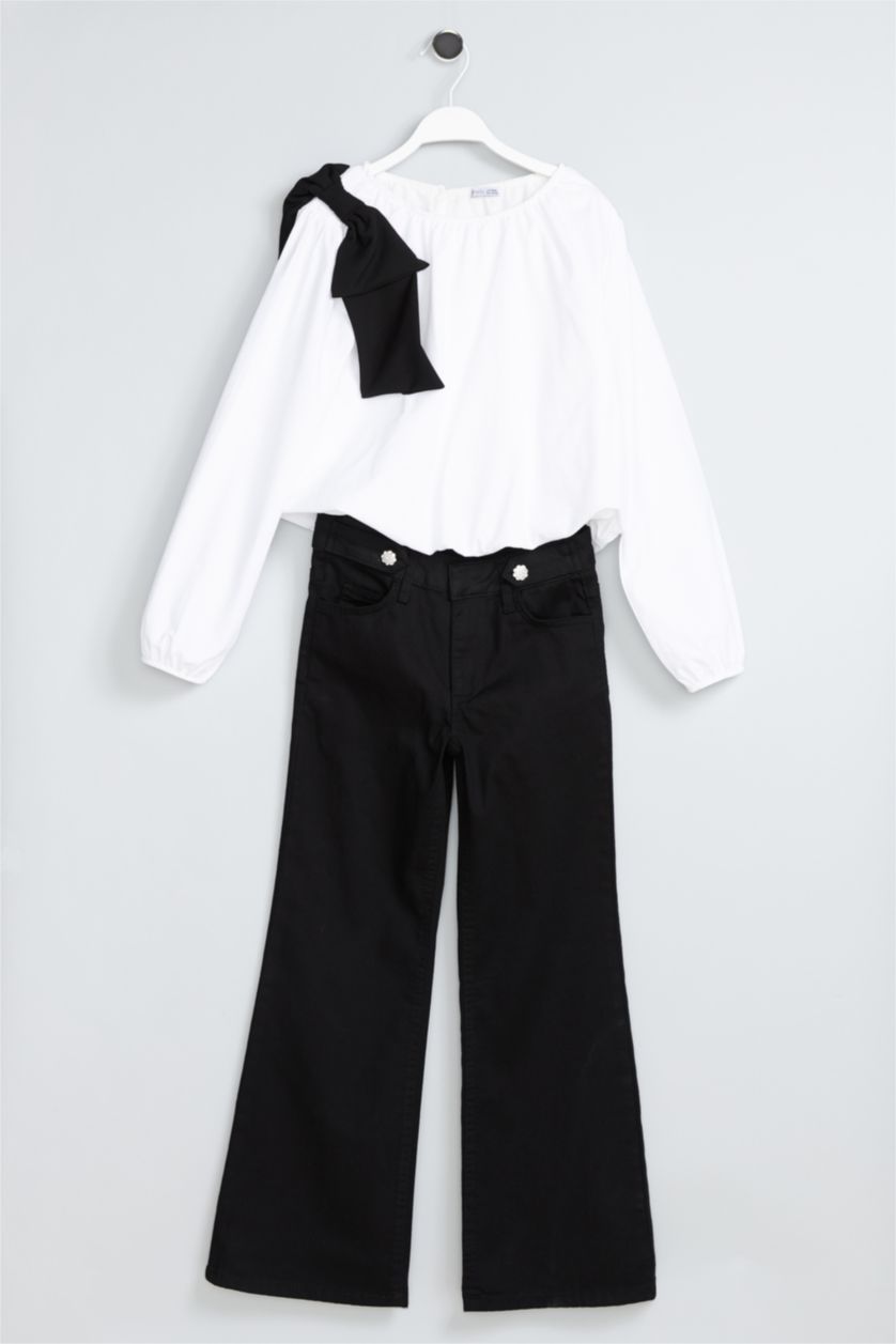 Kız Çocuk - Genç Kız Siyah İspanyol Paça Gabardin Pantolon Kız Çocuk