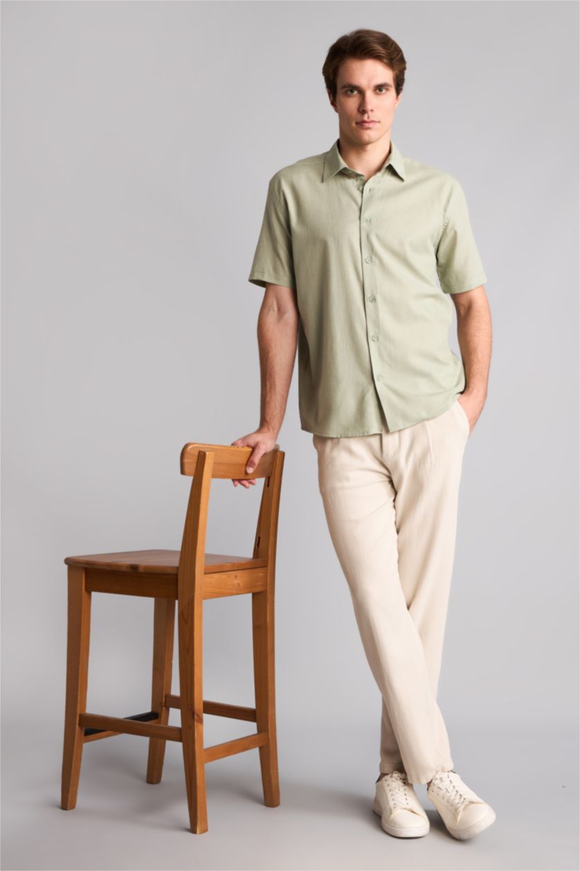 Men Mint Regular Fit Linen Blended Short Sleeve Shirt