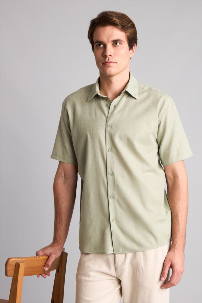 Men Mint Regular Fit Linen Blended Short Sleeve Shirt
