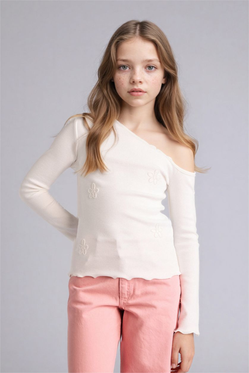 Girls & Teens White Regular Fit Flower Long Sleeve T-Shirt