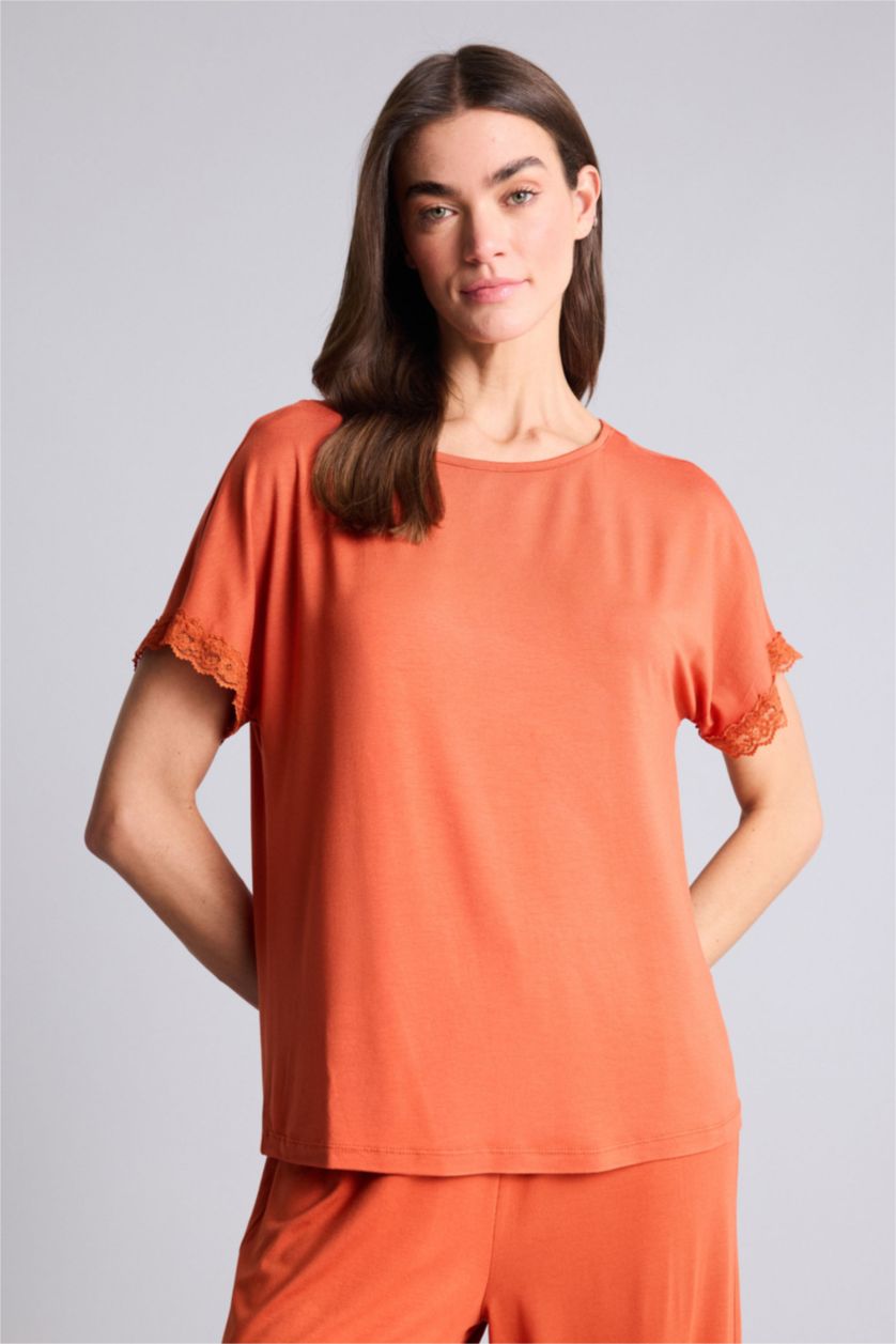Kadın Turuncu Basıc Pijama Takımı Üst Alt