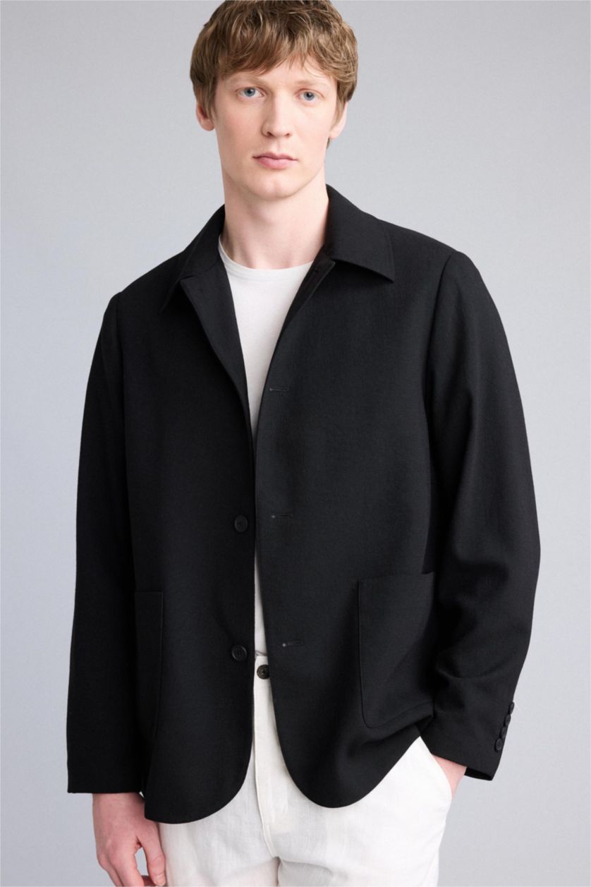 Мужчины Черный Блейзер Regular Fit на полуподкладке с воротником поло