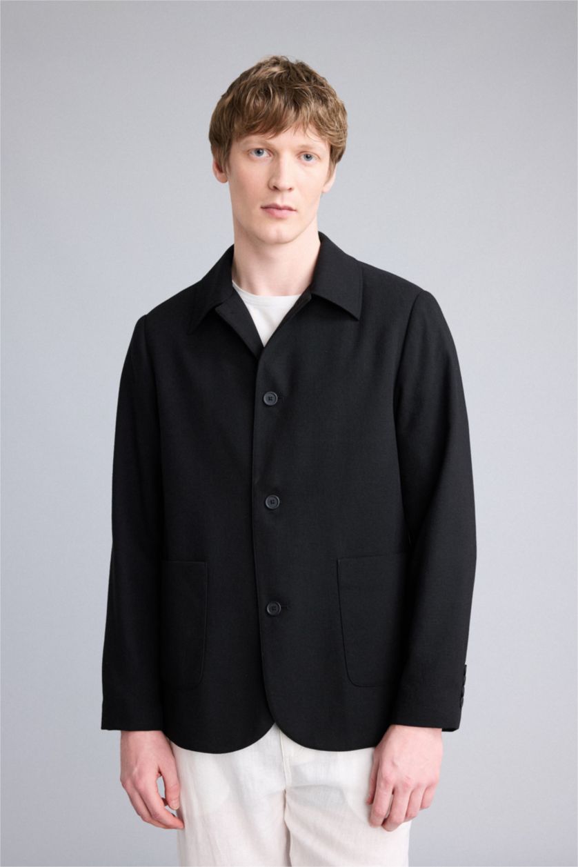 Мужчины Черный Блейзер Regular Fit на полуподкладке с воротником поло