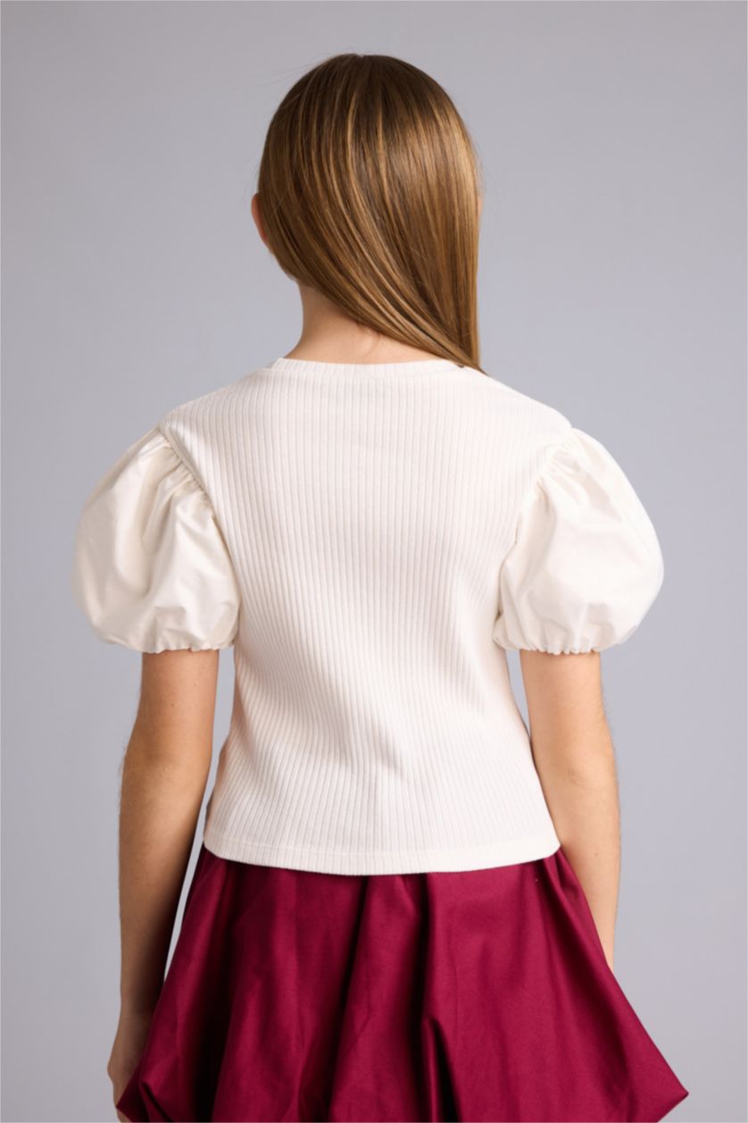 FILLES Écru T-shirt côtelé à manches ballon pour fille