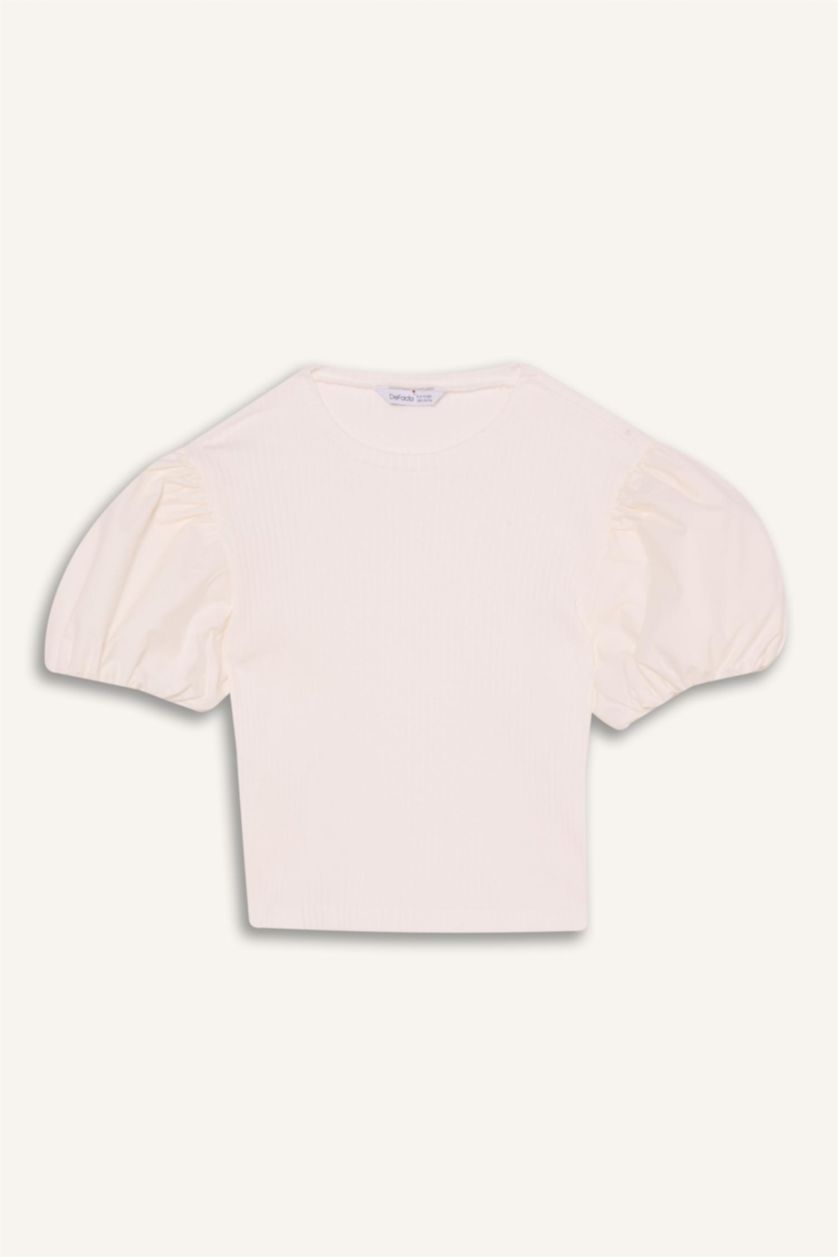 FILLES Écru T-shirt côtelé à manches ballon pour fille