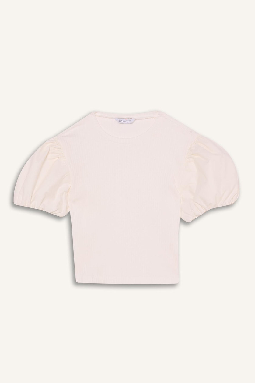 FILLES Écru T-shirt côtelé à manches ballon pour fille