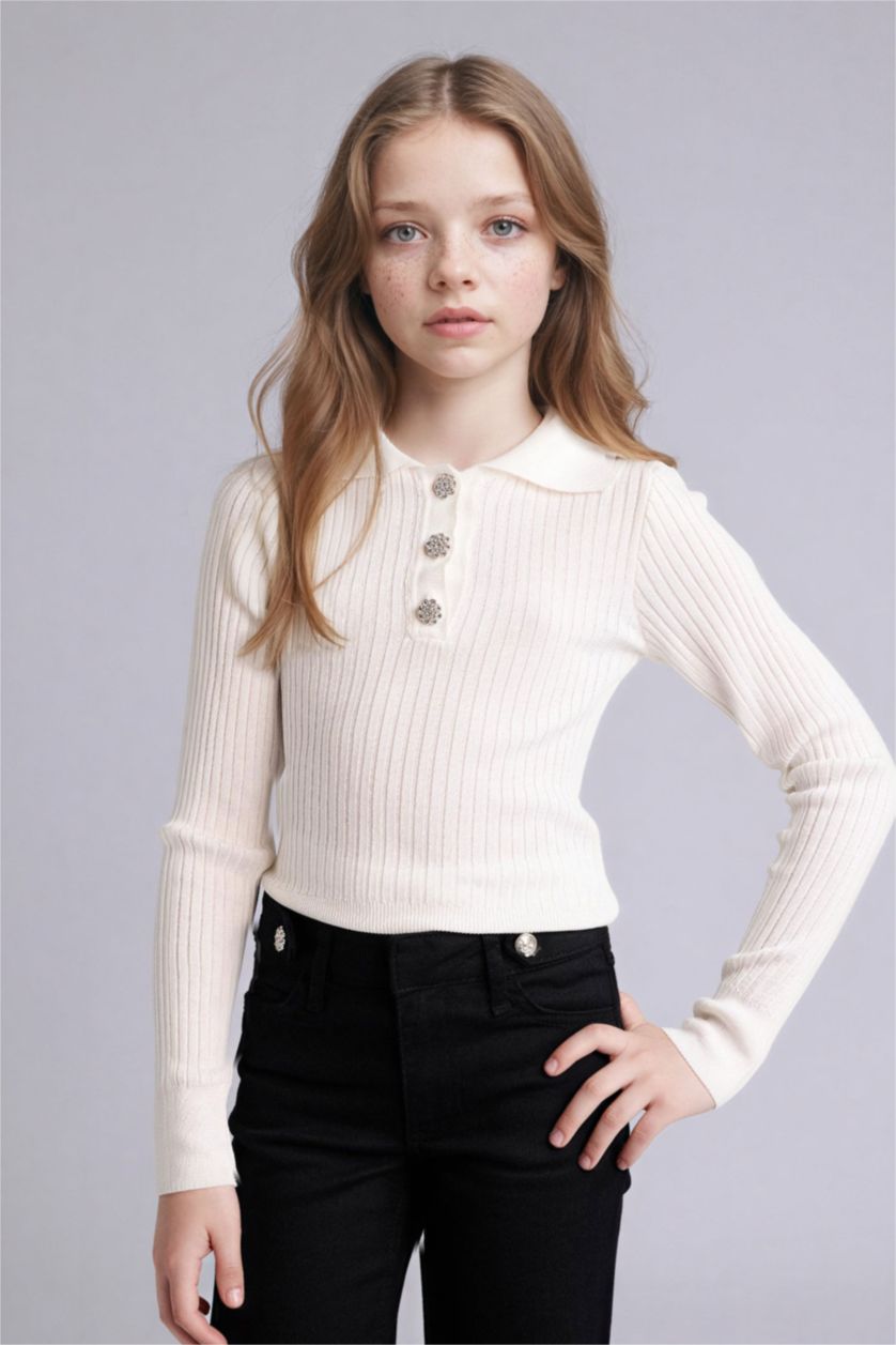 Kız Çocuk - Genç Kız Beyaz Taş Düğme Detaylı Kazak Kız Çocuk