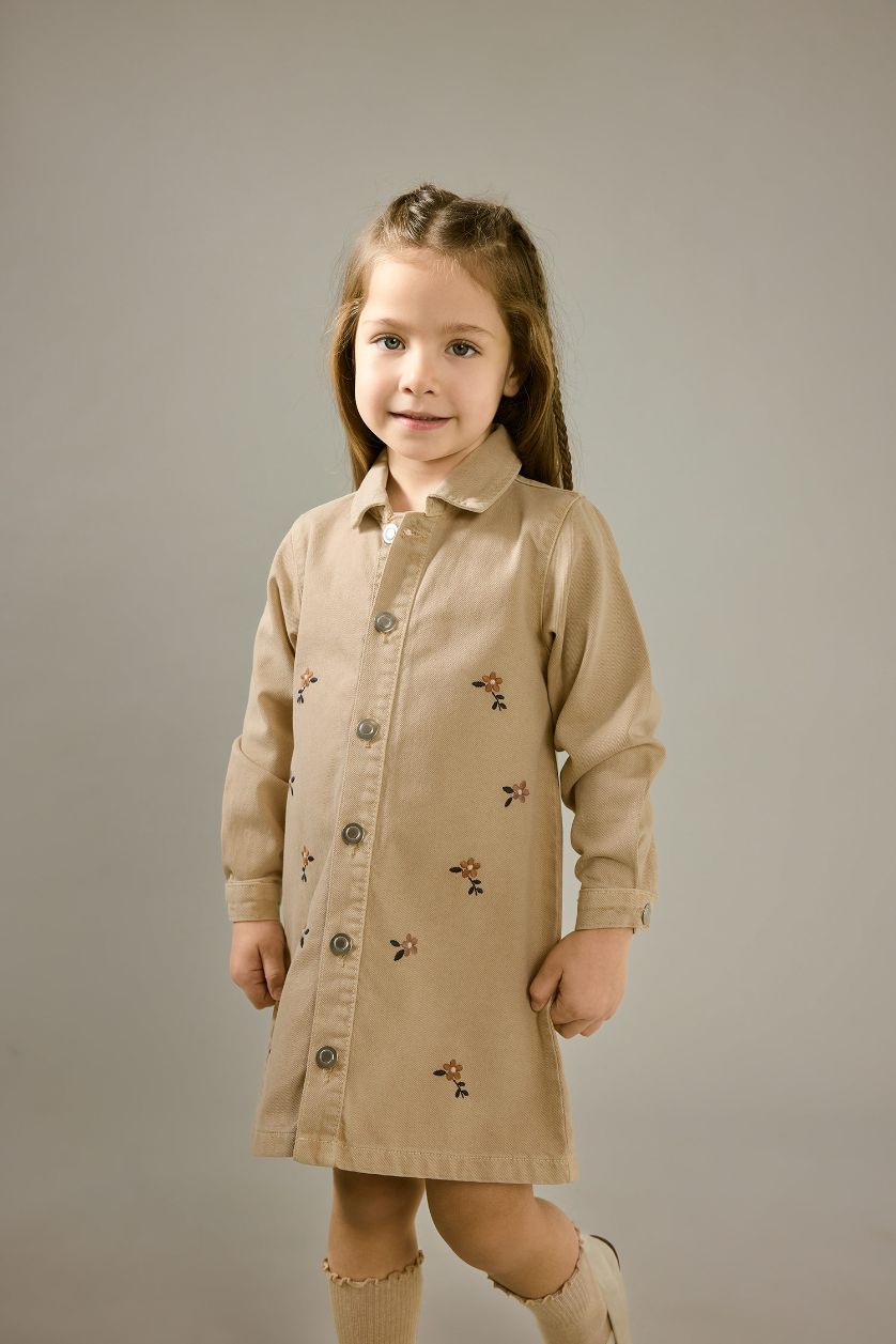 Kız Bebek Ekru Çiçekli Uzun Kollu Jean Elbise Kız Bebek