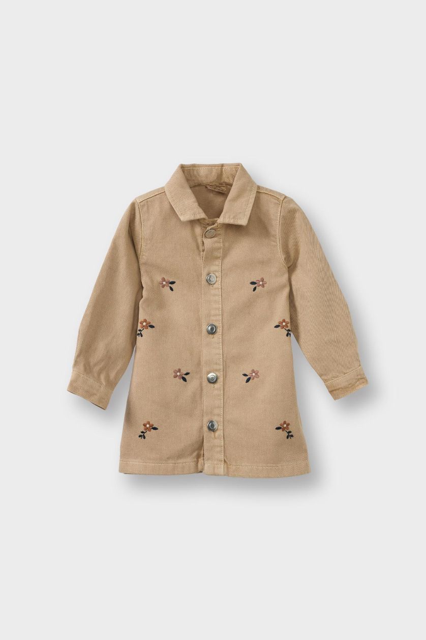 Kız Bebek Ekru Çiçekli Uzun Kollu Jean Elbise Kız Bebek